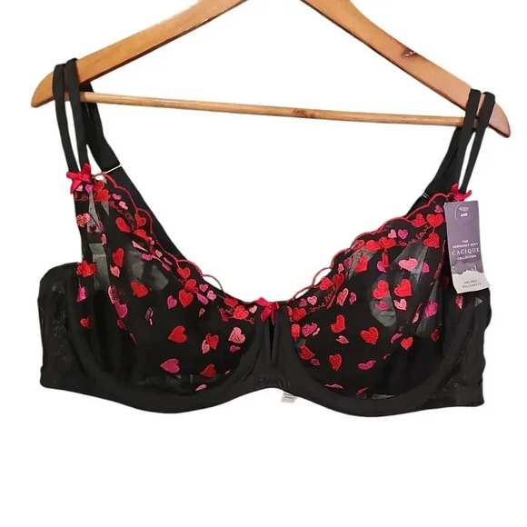 Cacique Heart Embroidered Unlined Balconette Bra Black Size 44D NWT - Picture 2 of 8